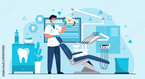 Dentist in uniform with mask and gloves in modern dental clinic, preparing for patient.