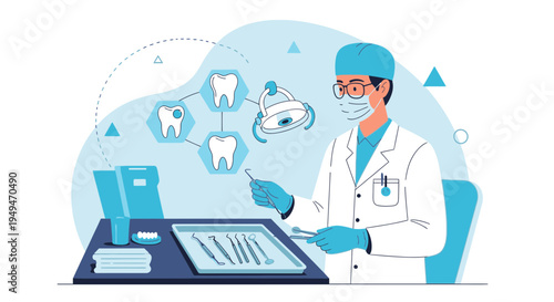 Dentist with dental tools and teeth icons, modern dental clinic concept