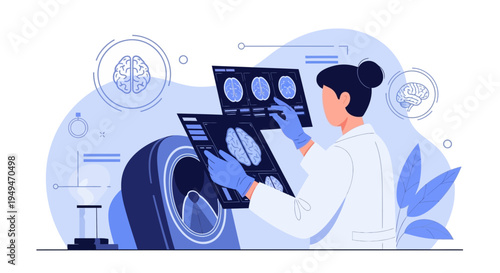 Doctor analyzes brain MRI scans next to MRI machine, medical research concept
