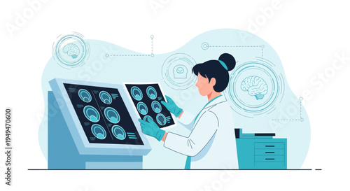 Doctor analyzing brain scans on futuristic display, medical technology and research concept