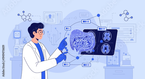 Doctor analyzing digital hologram of human digestive system and brain scans in futuristic lab
