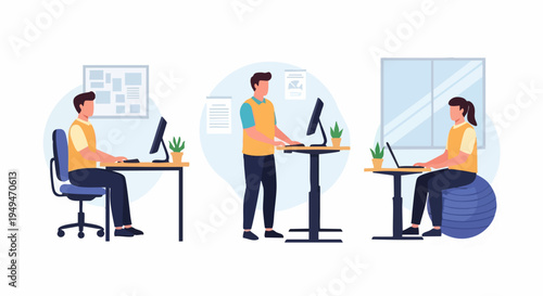 Ergonomic workspace vector illustration set showing people working at a desk, standing desk, and sitting on an exercise ball for healthy office posture and productivity