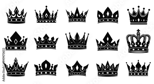 Collection of ornate black crowns in varying royal designs and styles