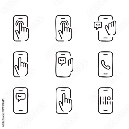 hand holding smartphone and touching screen icon set with various design and user actions