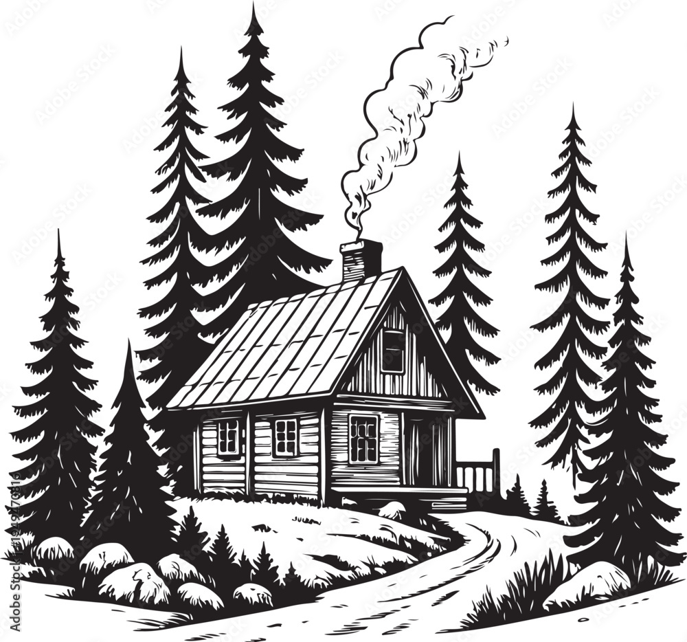 Obraz premium Rustic mountain cabin in pine forest Hand-drawn Sketch Drawing Vector Illustration, Line Linear Symbol Black and White Engraving, Isolated
