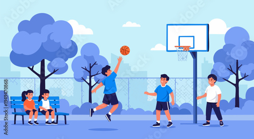 Children playing basketball outdoors in a park, with one boy jumping to shoot the ball into the hoop, while others watch and sit on a bench, flat vector illustration.