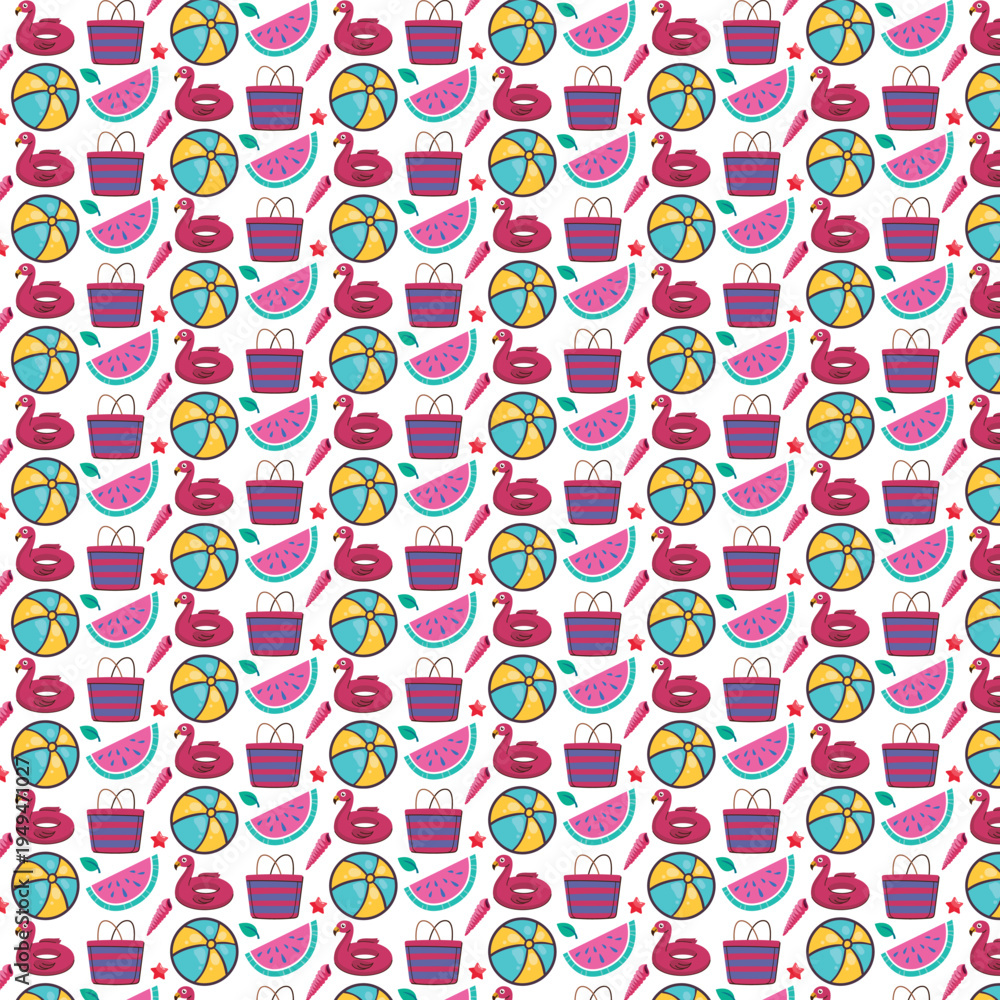Naklejka premium Colorful summer beach elements pattern with flamingo and watermelon