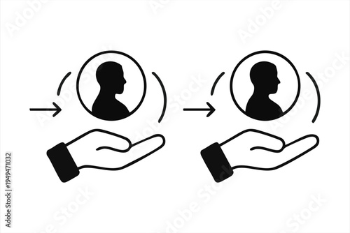 Hand holding person icon, process, workflow, support, assistance, care, helping