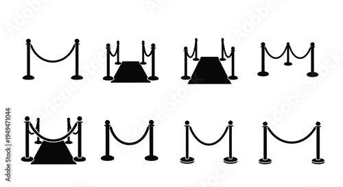 Black and white illustration of velvet ropes and stanchions in various arrangements
