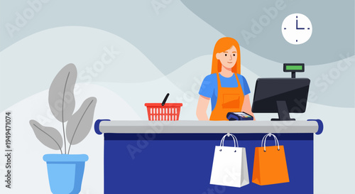 Friendly Female Cashier Working at Supermarket Checkout Counter with Shopping Bags and Basket, Flat Vector Illustration for Retail Business