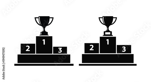 Two black trophy podiums displaying first second and third place positions