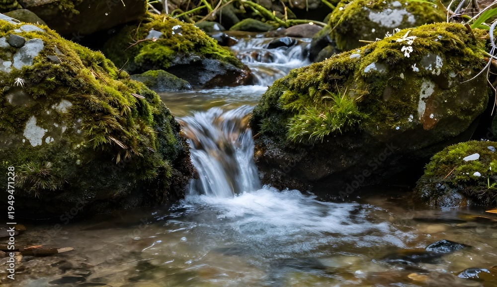 Fototapeta premium Small waterfall cascading over mossy rocks in a forest stream.