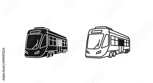 Two black and white line drawings of modern city trams are shown