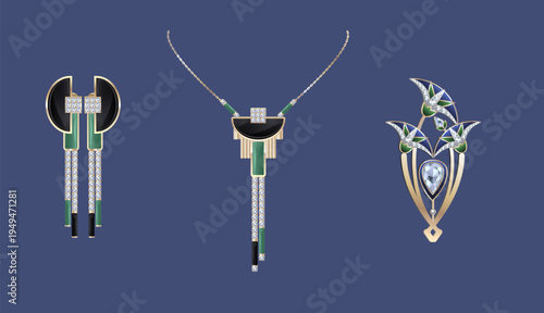 Vintage Art Deco Jewelry Set: Luxury Gold Necklace, Earrings and Lotus Brooch with Diamonds, Emeralds and Black Onyx Gems