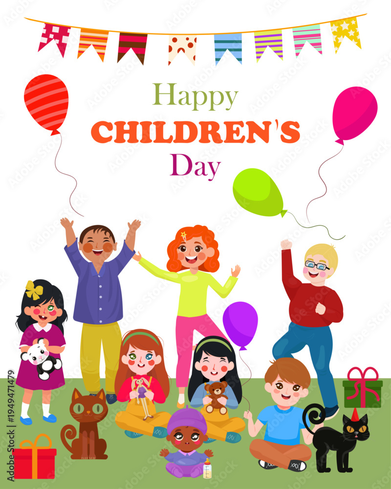 Obraz premium Diverse Kids Celebrating World Children's Day Vector. Children's Day featuring a diverse group of happy children of various ethnicities, ages, and genders. Perfect for greeting cards, social media