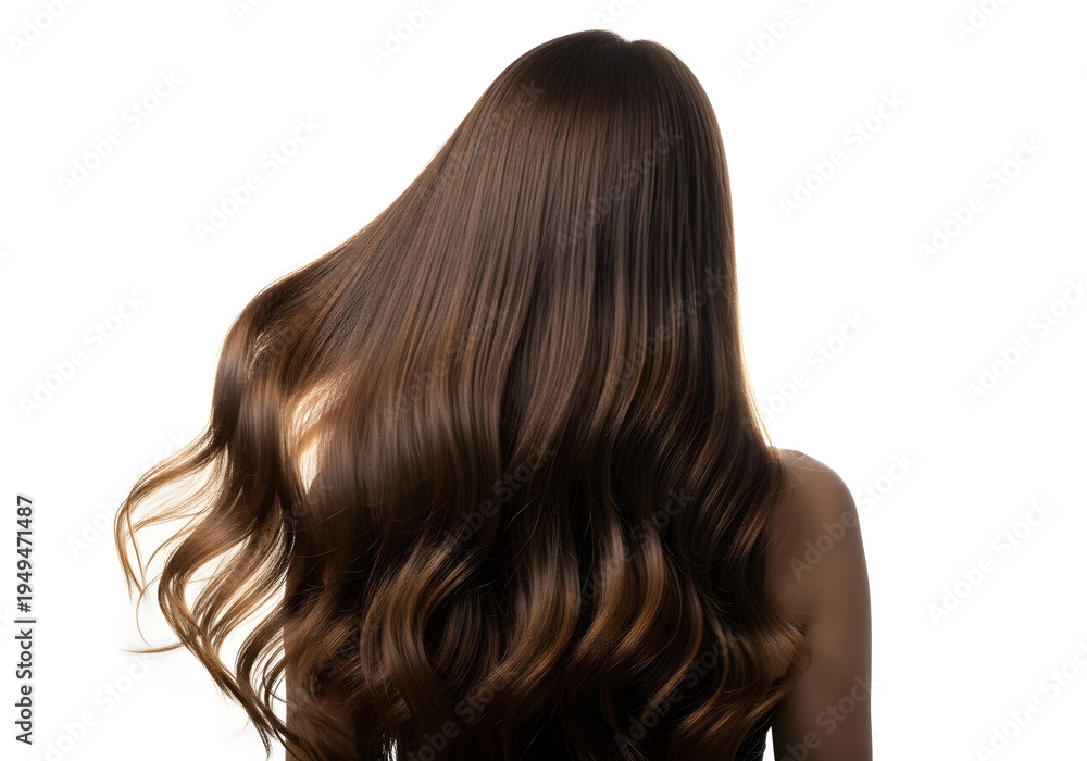 Naklejka premium Long brown hair woman back view, shiny brunette hairstyle
