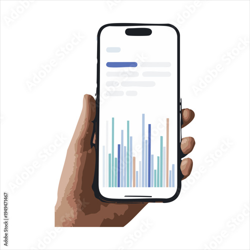 Hand holding smartphone displaying financial chart, data analysis, mobile app