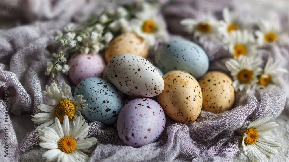 Obraz premium A collection of colorful Easter eggs surrounded by white flowers on a purple cloth
