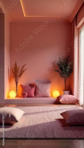 Serene meditation space featuring soft lighting, comfortable cushions, and calming decor; ideal for mindfulness and relaxation , relaxation, lighting
