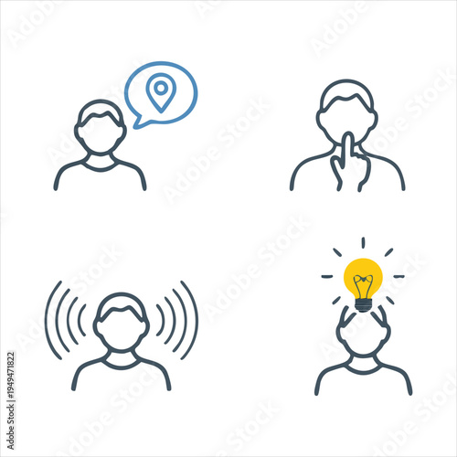 Human perception and cognitive process linear icons showing listening thinking and finding location