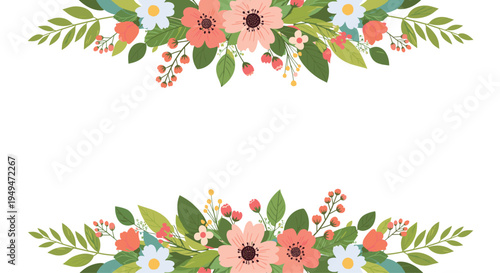 Symmetrical top and bottom floral borders with pink and white flowers and green leaves on a plain white background.