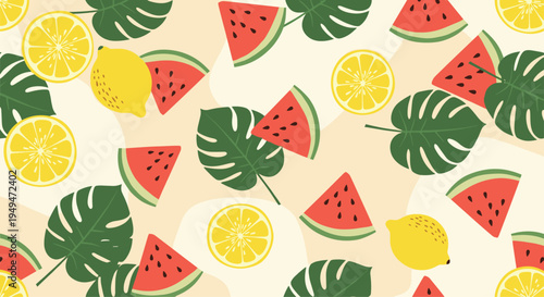 Vibrant summer seamless pattern featuring slices of watermelon, whole lemons, and green monstera leaves on a light background.