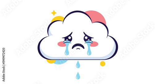 Sad cartoon cloud character crying with blue teardrops and colorful circular shapes on a plain white background design.