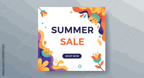Vibrant summer sale social media banner template with colorful abstract floral shapes and shop now button on grey.