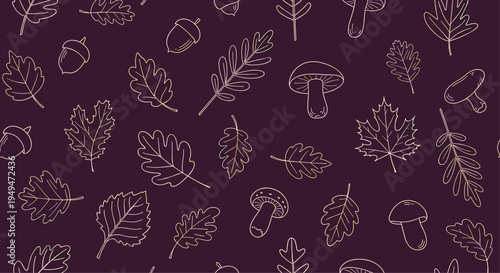 Seamless pattern of autumn leaves and mushrooms with acorns in thin line art style on a dark purple background for fall.