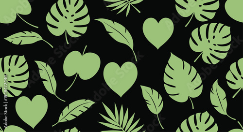 Green silhouette pattern of tropical monstera leaves and hearts on a black background for exotic jungle themes.