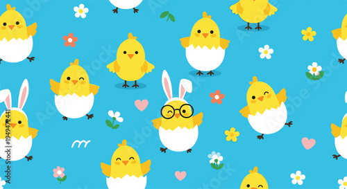 Seamless pattern of cute yellow baby chicks hatching from eggs with bunny ears and glasses for easter holiday celebration.