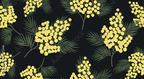 Seamless pattern of yellow mimosa flower branches and green leaves on a dark black background for floral design.