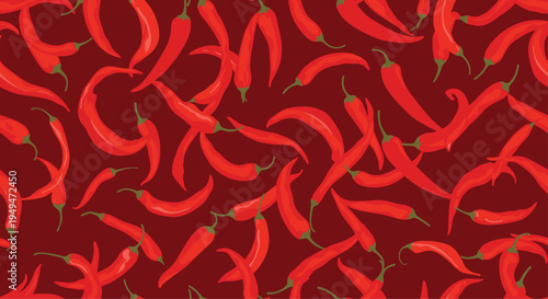 Vibrant pattern of hot red chili peppers scattered across a dark red background for spicy food or cooking themes.