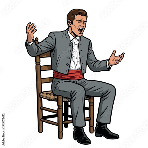 Passionate flamenco singer performing on chair. Cantaor
