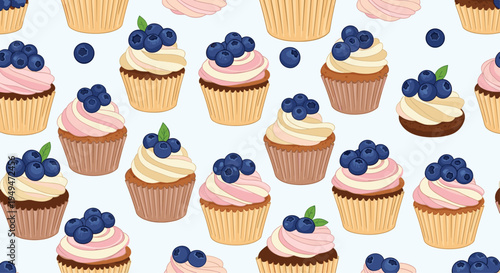 Delicious seamless pattern of cupcakes topped with whipped cream and fresh blueberries on a light blue backdrop.