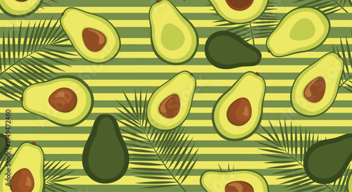 Seamless pattern of green avocado halves and palm leaves on a yellow and green striped background for healthy food art.