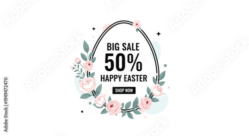 Happy easter sale banner with egg shaped frame and beautiful pink roses for spring holiday promotional marketing art.