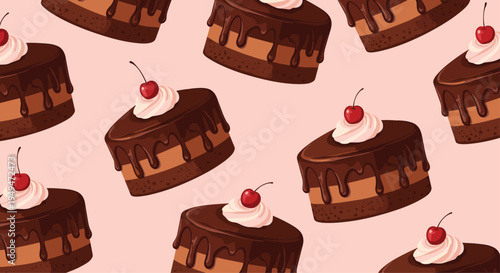 Seamless pattern of delicious chocolate cakes with whipped cream and red cherries on top on a soft pink background.