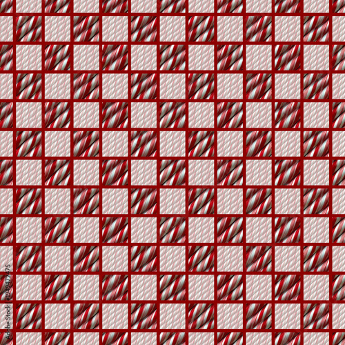 Seamless candy cane inspired pattern with red and white striped squares arranged in a grid. Sweet festive repeating background perfect for Christmas packaging, textiles and holiday graphics.