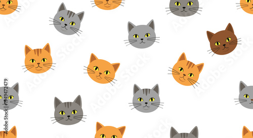 Simple seamless pattern of cute cat faces in orange and grey and brown colors on a plain white background surface.