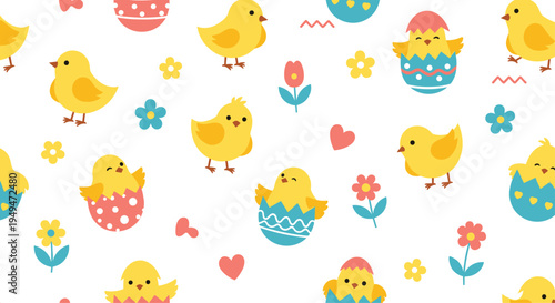 Cheerful easter pattern with yellow chicks and decorative eggs and small flowers on a white background for kids art.