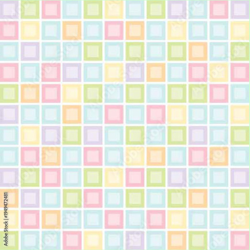 Seamless pastel square mosaic pattern with soft colorful blocks. Modern geometric repeating background ideal for kids design, textiles, wallpapers, packaging and playful graphics.