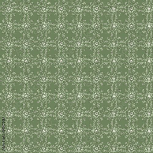 Seamless ornamental swirl pattern with white decorative curls on green background. Elegant vintage repeating design perfect for wallpaper, textiles, fabric prints and festive designs.