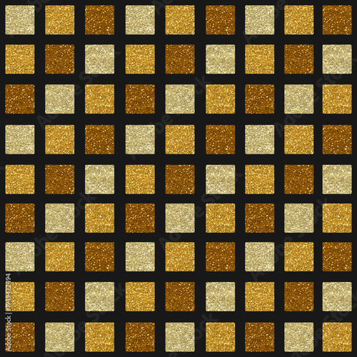Luxury seamless pattern with glittering gold squares on black background. Elegant sparkling repeating design perfect for festive backgrounds, luxury branding, packaging and holiday graphics.