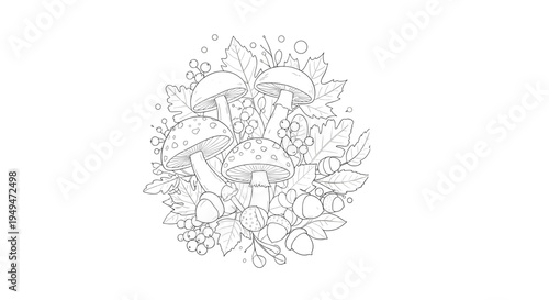 Circular composition of line art mushrooms and autumn leaves with acorns and berries on a clean white background design.