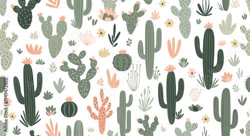 Diverse cactus and succulent seamless pattern in soft green and peach tones on a white background for modern textiles.