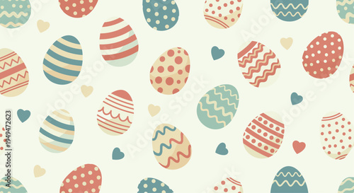 Easter egg seamless pattern with various decorated eggs and small hearts in a vintage color palette on a light background.