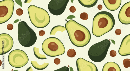 Healthy avocado seamless pattern showing whole fruits, halves with pits, and slices on a pale yellow background for kitchen.