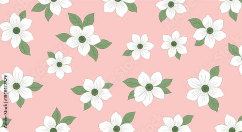 Simple floral seamless pattern with white five-petal flowers and green leaves on a soft pastel pink background for prints.