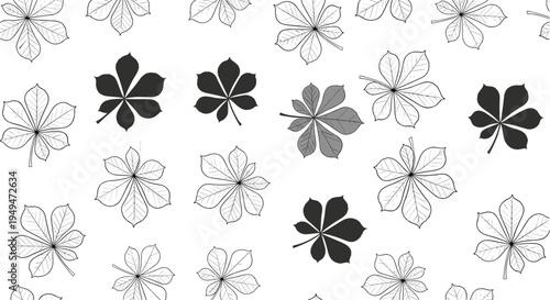 Chestnut leaf seamless pattern with various black, grey, and white leaf outlines on a plain white background for design.